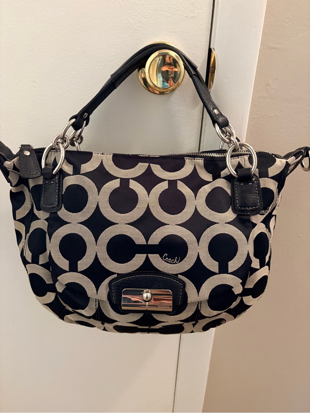 Coach Madison Op Art Pearlescent Hobo Bag Black Silver Canvas Crossbody No Tag